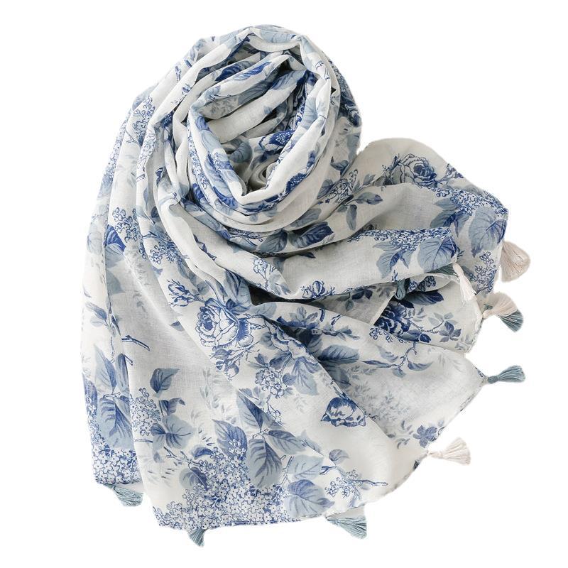 Small Fresh Blue Ink Painting Flower Chinese Style Retro Blue And White Porcelain Cotton And Hemp Texture Scarf Long Tassel Scarf