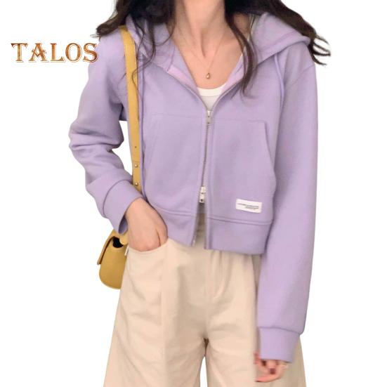 Осень-весна Женское пальто с капюшоном, завязками на шнурке, длинными рукавами, карманами, застежкой-молнией, эластичными манжетами, короткими резинками, спортивной толстовкой, повседневной одеждой, куртка фиолетовый