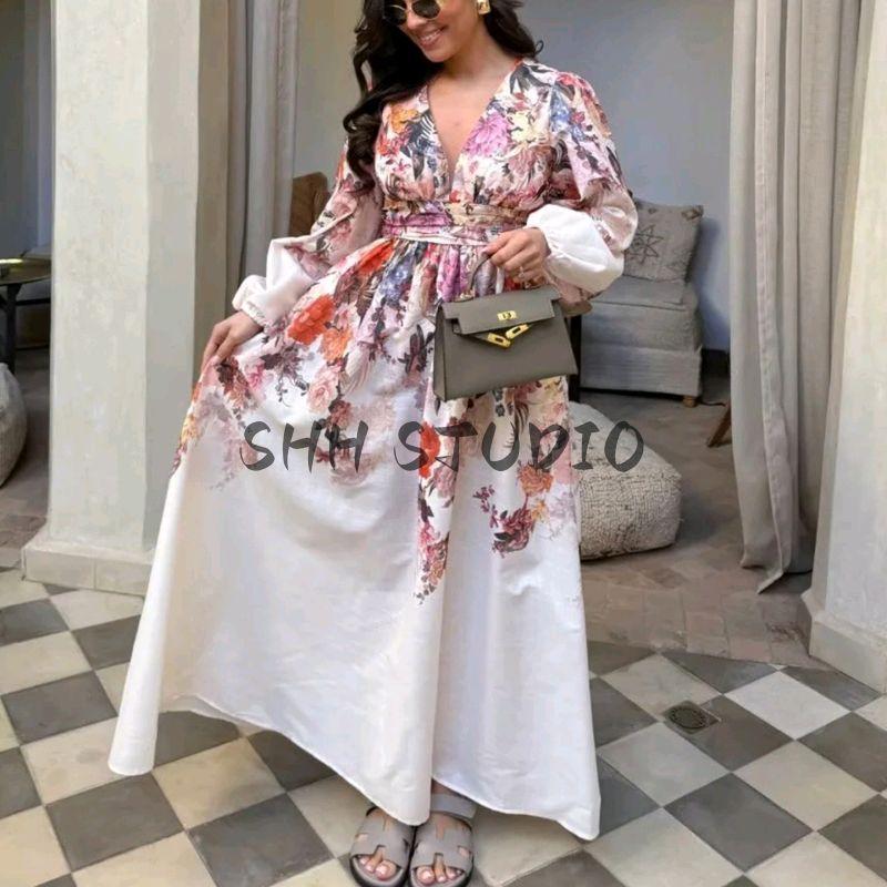 Summer New Product Women's Clothes Seaside Vacation Style Positioning Printed V-neck Long Sleeves A- line High Waist Midi Skirt Long Dress