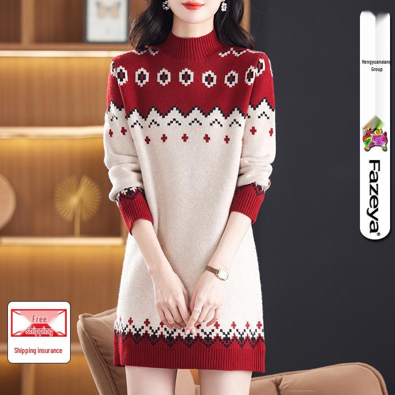 

Женский красный рождественский свитер Hengyuanxiang 2024: Осень/Зима Свободный Вязаный Верх M 105 красный