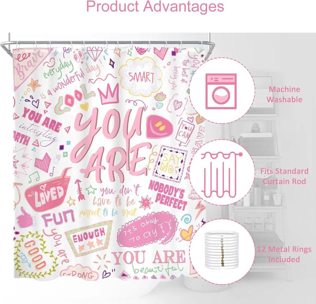 Kids Positive Quotes Shower Curtain Pink Neon Cute Funny Abstract Graffiti Girls Girly Teens You are Artwork Cloth  Waterproof