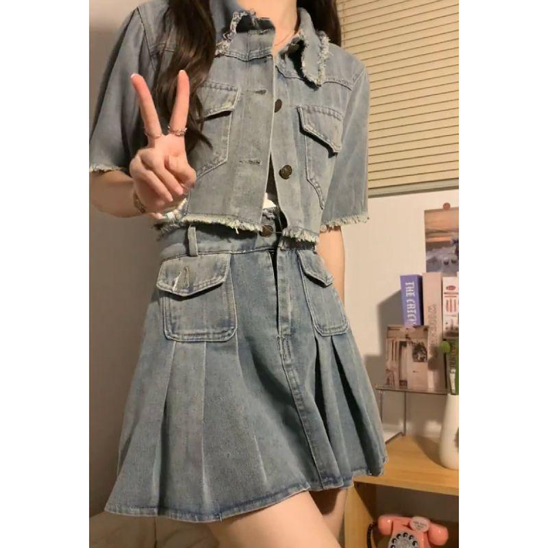 Women s 2026 Summer Denim Jacket  Skirt Set: Frayed Edge, Slim A-line Two-Piece XS 35-40 kg