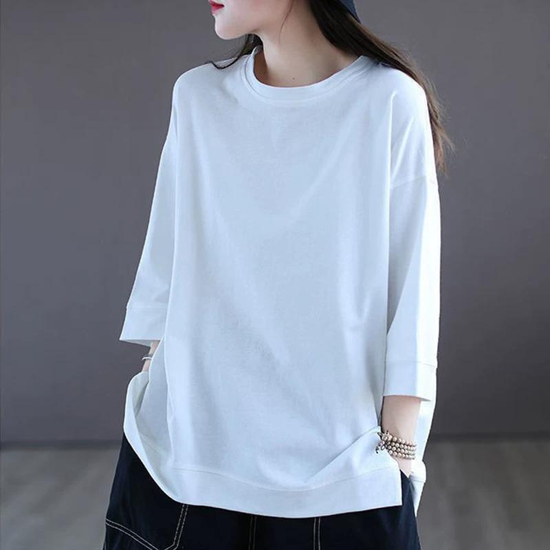 

Big Sale Leak Detection 100% Pure Cotton Three-Quarter-Length-Sleeved T-shirt Plus Size Inner Bottoming Shirt Graceful and Fashionable Ladies Tops M белый