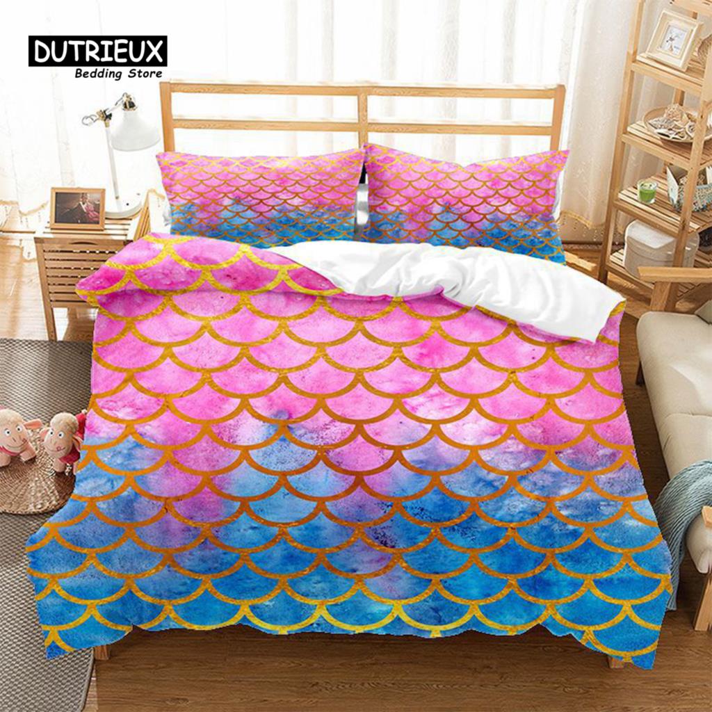 Mermaid Fish Scales Duvet Cover Magical Colorful Seamless Pattern With Fish Scale Net Print Bedding Set Microfiber Quilt Cover