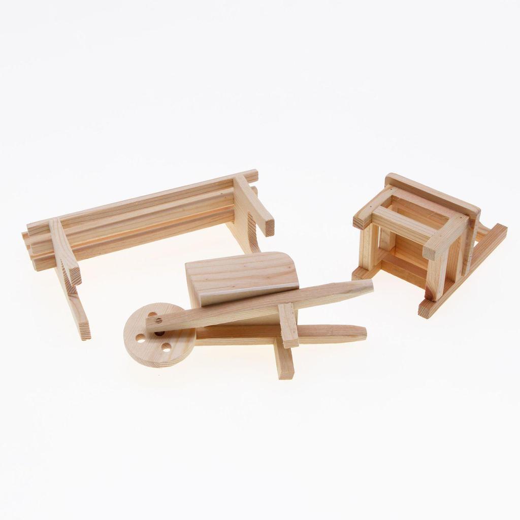 Solid Wood Dollhouse Miniature Cart for Outdoor Courtyard Decoration.