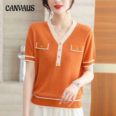 Damen Sommermode V-Ausschnitt Tencel Top Clashing Ice Silk Knit Kurzarm T-Shirt