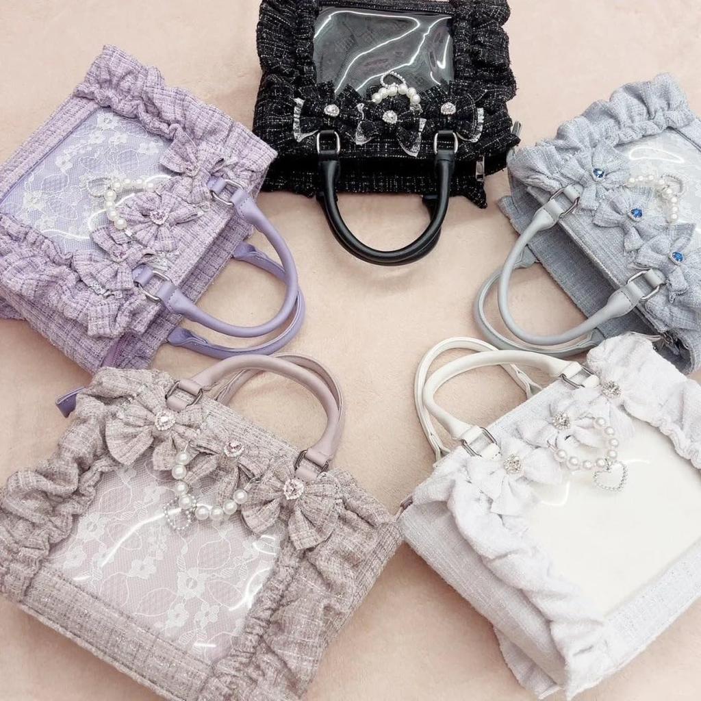 Jan étoile Ita Bag, All Lace, Ribbon, Pearl, and Ruffle Design, Feminine Handbag for Women, Large Capacity Shoulder Bag, Transparent, Stylish, Cute,