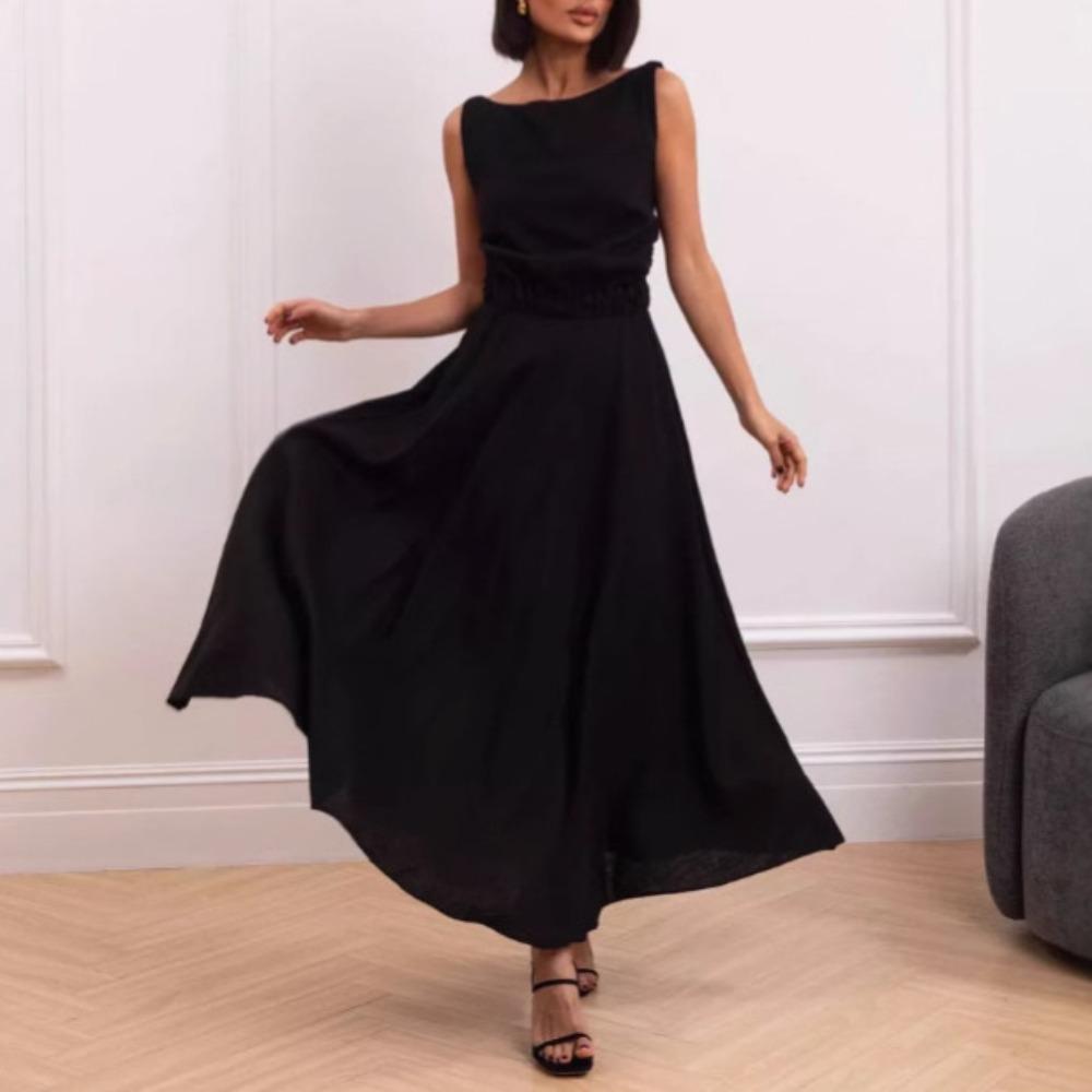 Summer European and American temperament cotton and linen dress sexy sleeveless suspender backless elastic waist dress