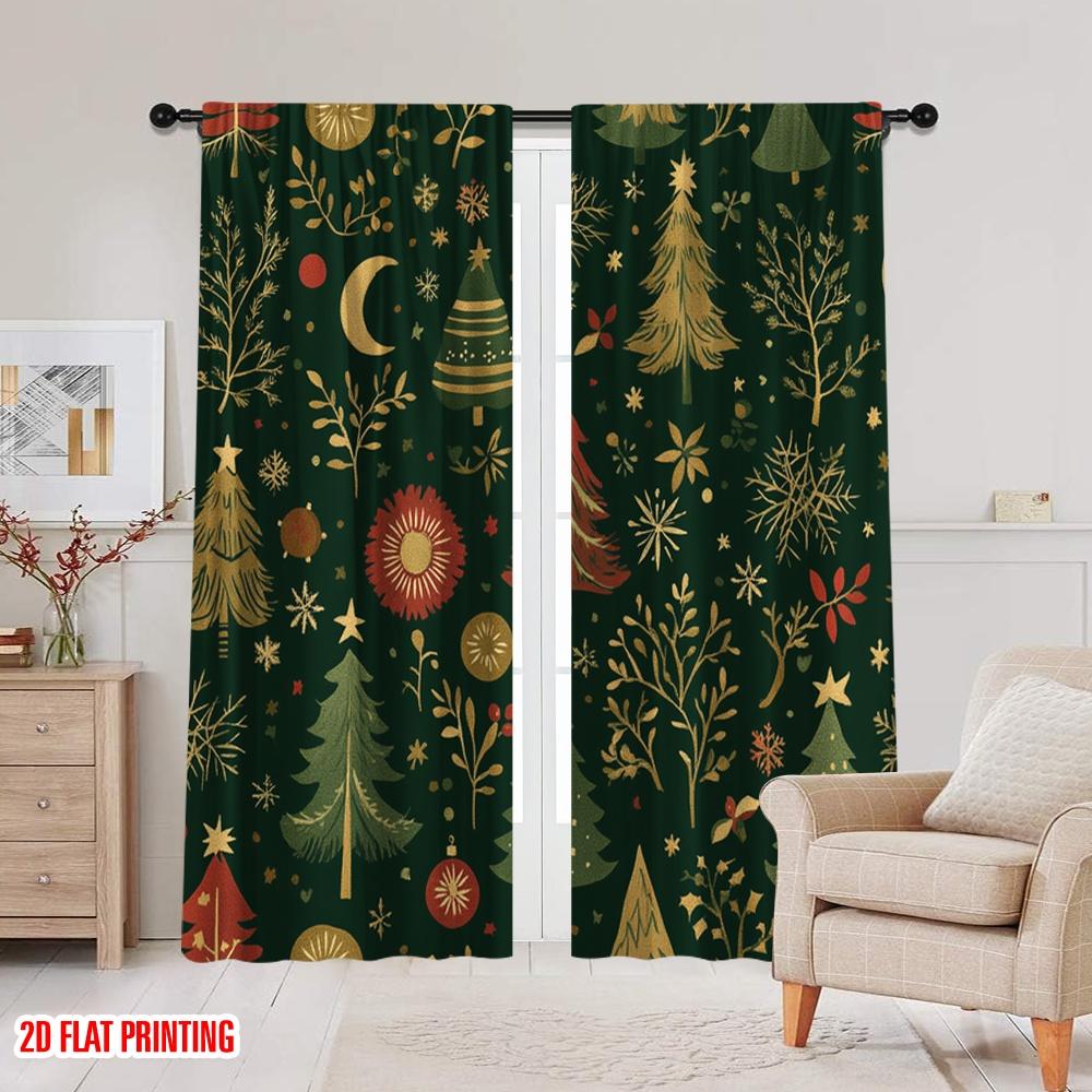 Set Of 2 Plane Printing Creative Curtains Christmas Tree Star Snowflakes Versatile Durable Polyester Without Rod Curtain