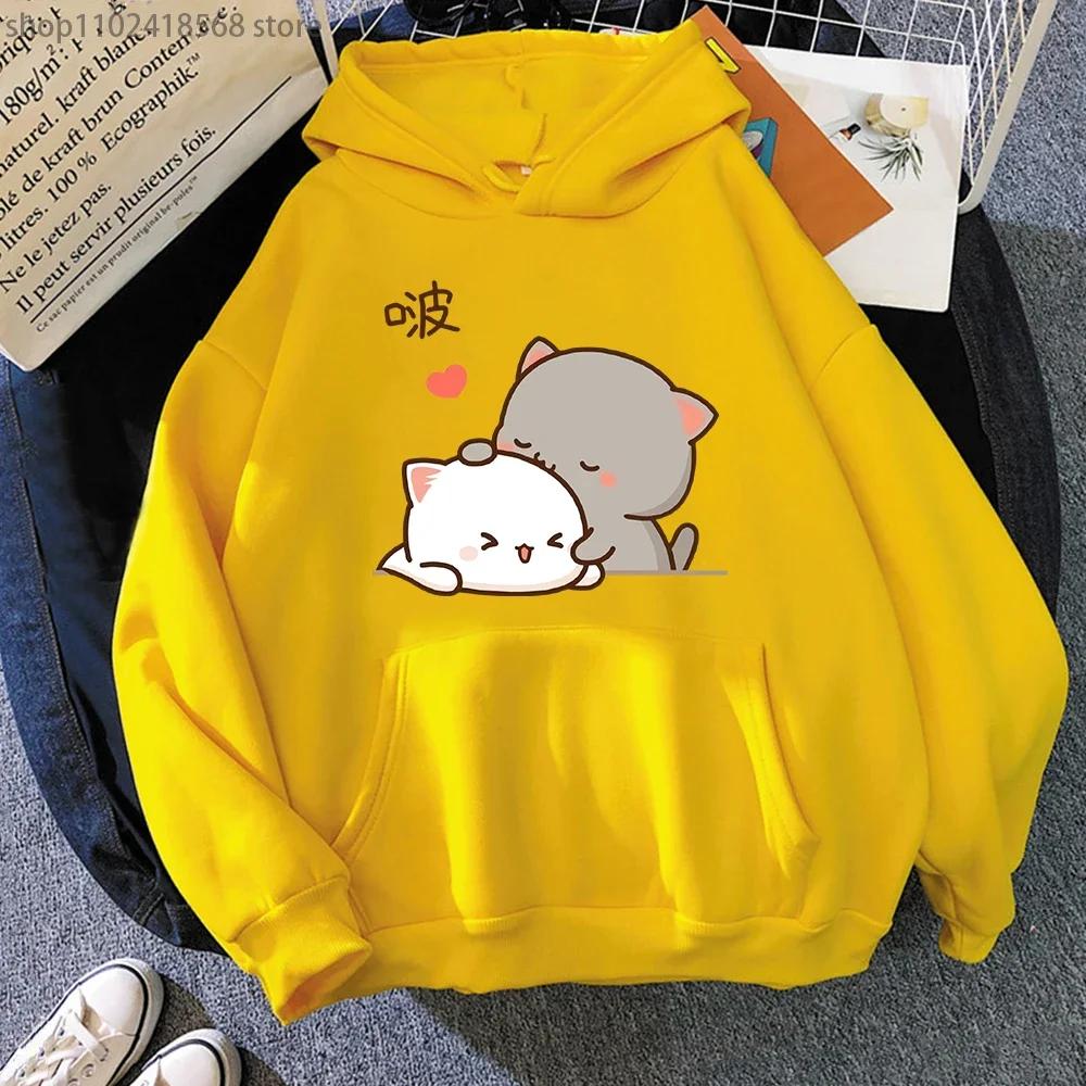 Peach Cat Hoodies Kawaii Clothing Aesthetic Cute Pink Tops Oversized Cartoon Print Sweatshirts Women Warm Streetwear Men
