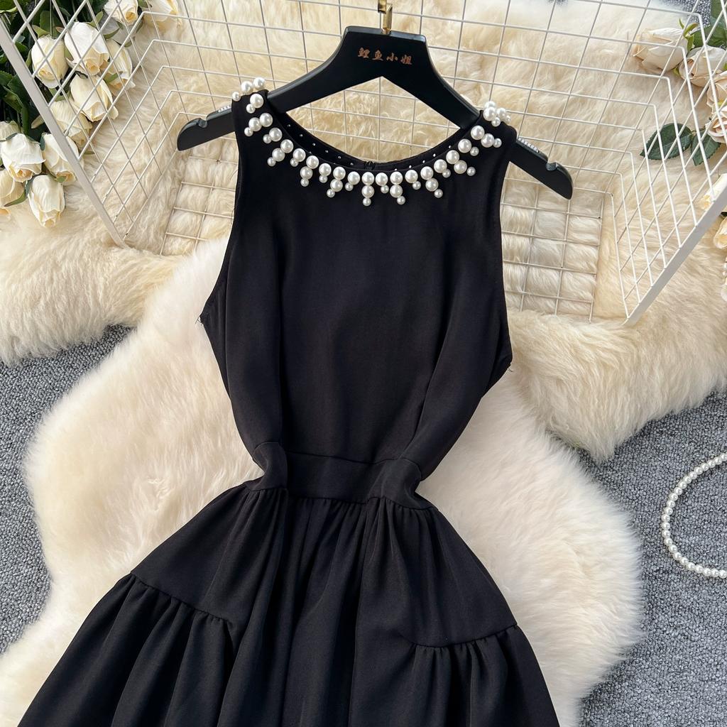 Summer Vintage Black Beading Collar Solid Sleeveless Long Midi Tank Party Dresses