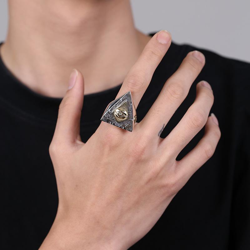 Retro Triangle Eye of Providence Large Ring Punk Gothic Open Ring For Men Vintage Mystic Fine Copper Accessories Gift