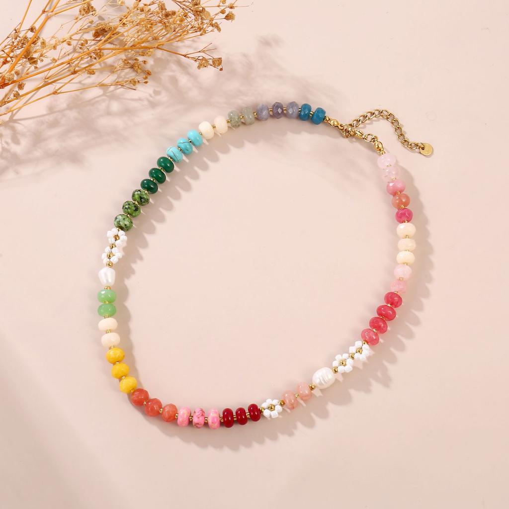 Women Colorful Natural Stone Handmade Beaded Flower Clavicle Necklace Beach Jewelry
