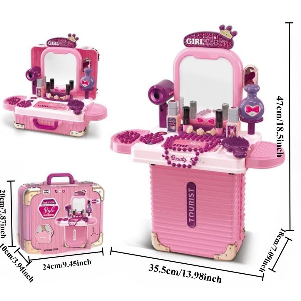 3 In 1 Toddler Vanity Makeup Table Girls Vanity & Suitcase Fashion Set Pretend Play Travel Suitcase Fashion Beauty Set for Girls
