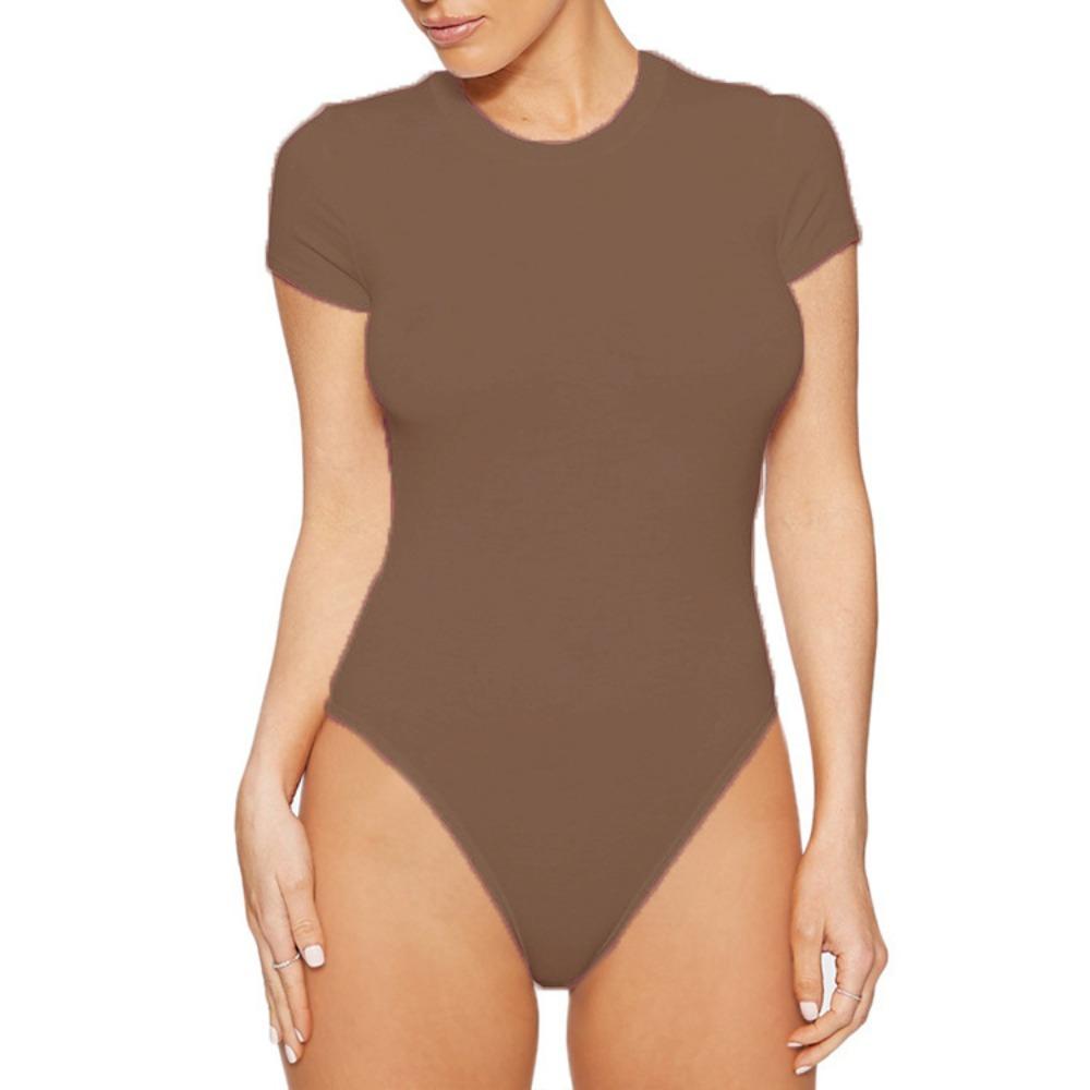 Women's Crew Neck Short Sleeve Bodysuit Slim Fit Sexy Solid Color Milk Silk Stretchy Basic Top