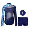 Ensemble Maillot de Gymnastique Danse Fille Manches Longues Impression Papillon Strass Fermeture Éclair Dorsale Body Short Bandeau pour Cheveux