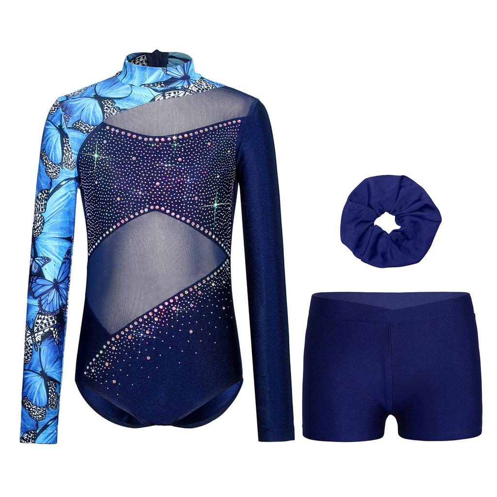 Ensemble Maillot de Gymnastique Danse Fille Manches Longues Impression Papillon Strass Fermeture Éclair Dorsale Body Short Bandeau pour Cheveux
