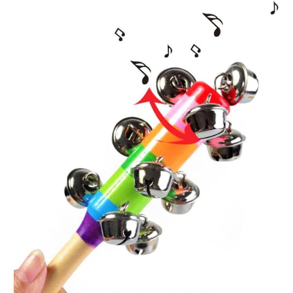 6pcs Wooden Jingle Hand Bells Rainbow Handle Wooden Bells Jingle Stick Shaker Rattle Musical Toys