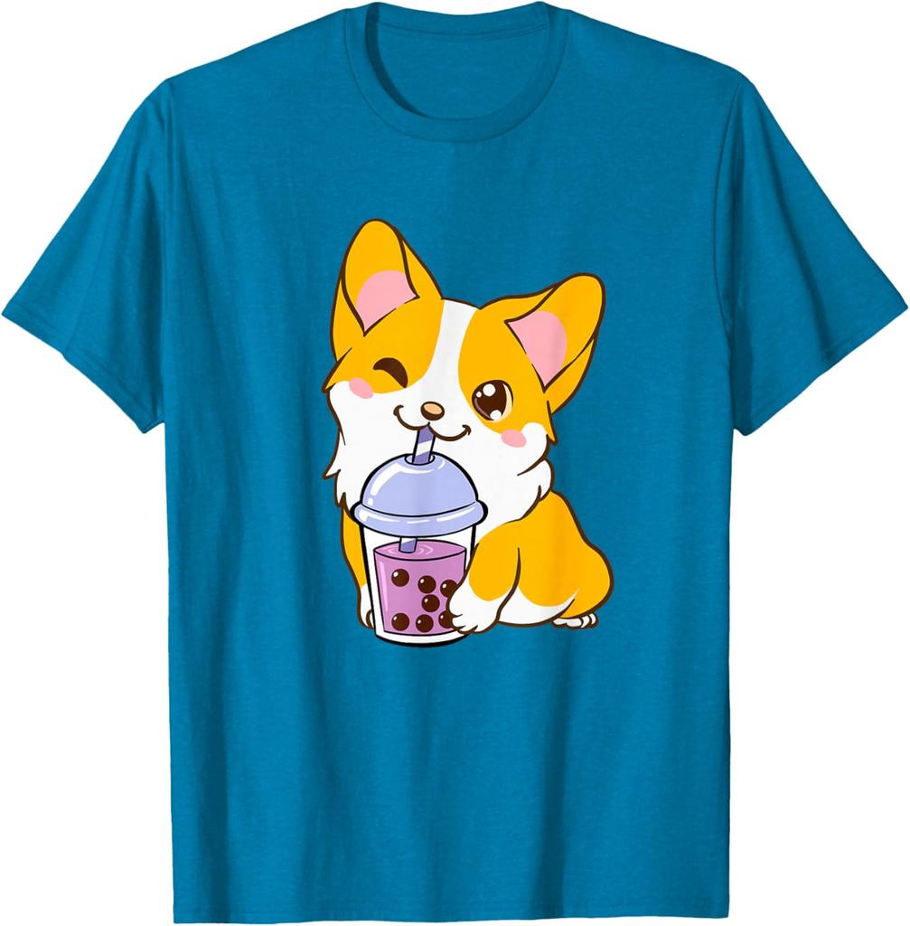 Kawaii Corgi Drinking Boba Tea Cute Dog Lover Graphic Tee Casual Short Sleeve T-Shirt