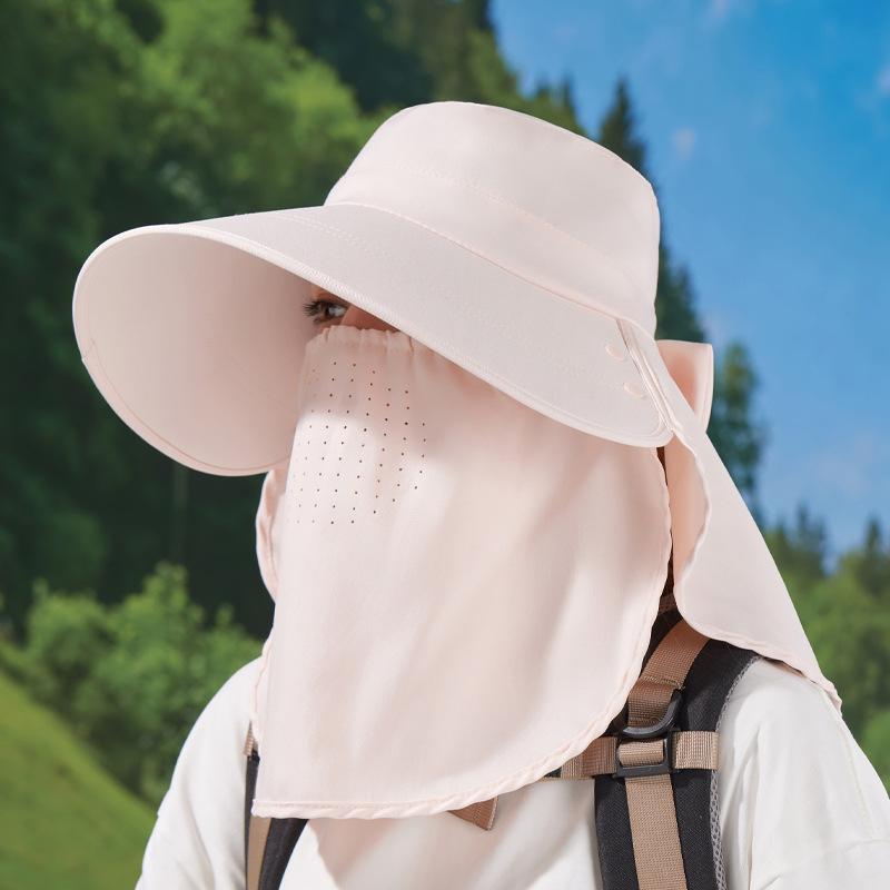 Summer Sun Protection Hat Women's Big Brim Shawl Neck Protection Sun Hat Breathable Face Mask Can Be Ponytail Bucket Hat