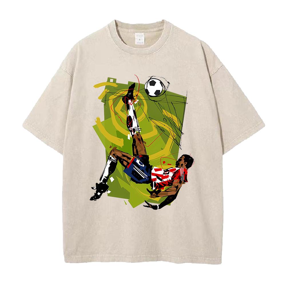 Anime Football Printed T-shirt Vintage Washed Oversized T Shirt Summer Short Sleeve Pure Cotton Tees Tops Clothing