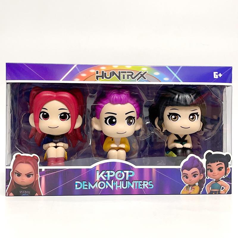 3Pcs K-POP Demon Hunters Rumi Mira Zoey Q Version Sitting Pose Figure Set Anime Action & Toy Figures Cute Cartoon Action Figures Toys for Fans Gift