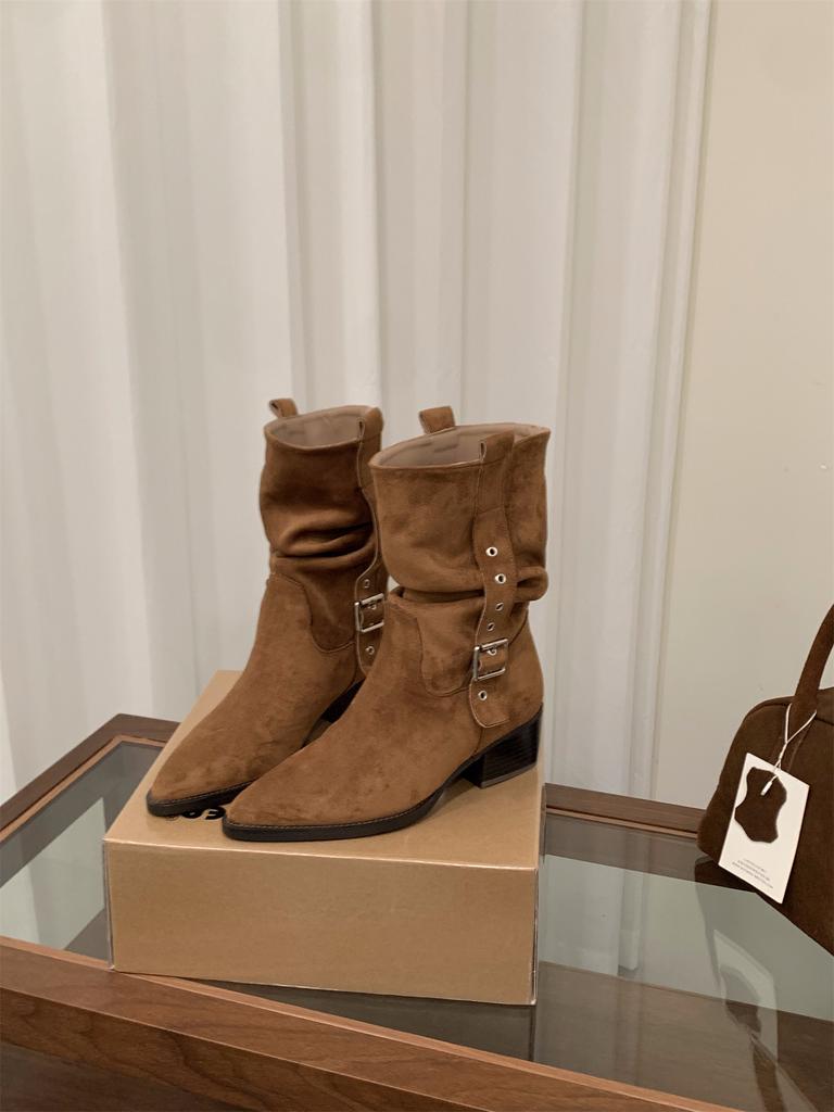 High Heel Pointed Skinny Suede Martin Boots Women's Boots 2025 Autumn and Winter Western Cowboy Medium Boots Pile Boots Short Boots