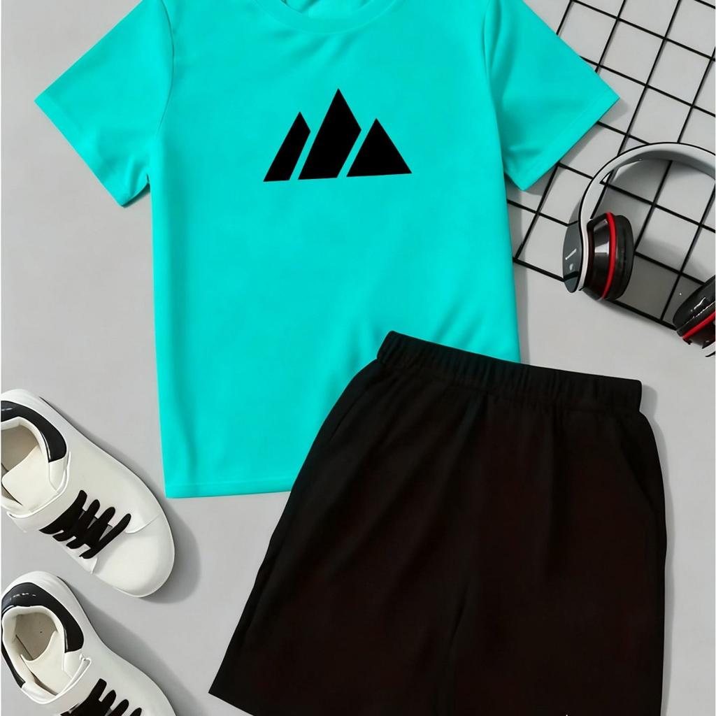 Boys' 3D printed spring/summer outdoor sports T-shirt and shorts two-piece set, perfect for outdoor wear