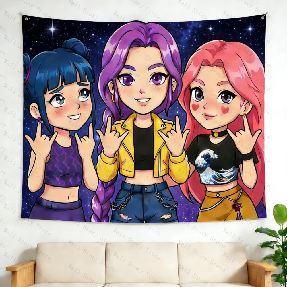 Trendy Kpop Wall Tapestry Cute Cartoon Starry Backdrop Aesthetic Room Decor for Kpop Fans Durable  Washable Bedroom Tapestry