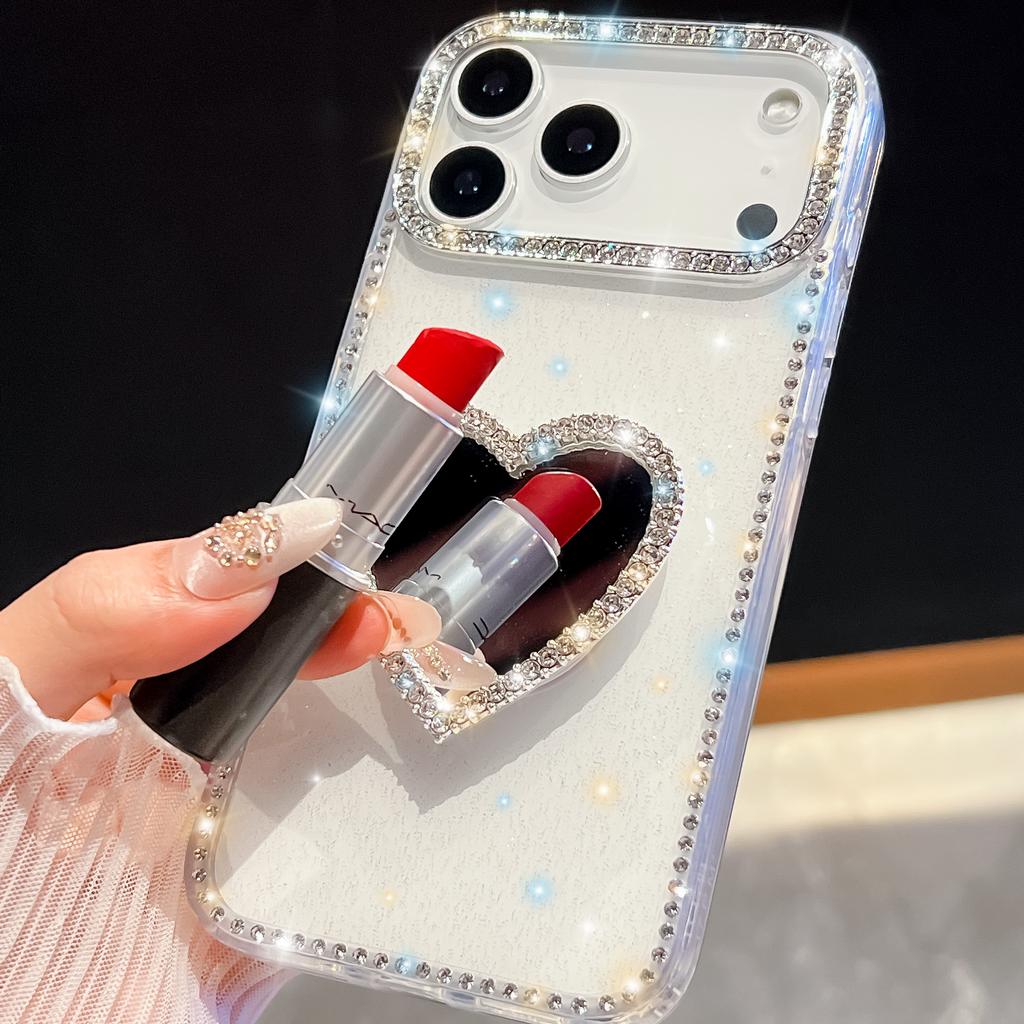 Diamond Frame Glitter Clear Phone Case For Iphone 16 Plus 15 14 13 Pro Max 16e 16promax 15promax 3D Love Heart Mirror Holder