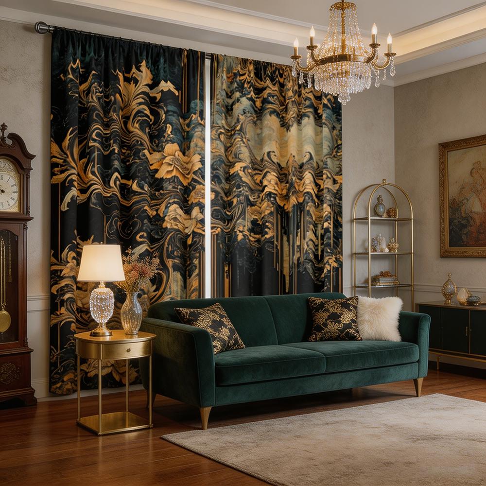 2 Piezas Cortinas Florales Vintage Barrocas Negras y Doradas Tratamiento de Ventana Estampado Floral Cortina Decorativa Amplia para Privacidad Y