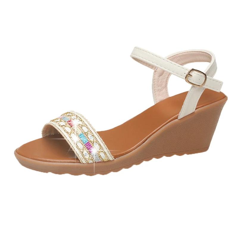 Fashion Women's 2025 Summer Fashion Wedge Heel Sandals Crystal Buckle Strap Dress Sandals Classic Plus Size Ladies Shoes for Daily