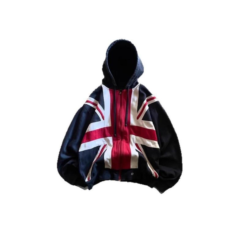 Winter Patchwork Hooded Zip Sweatshirt Streetwear Unisex Loose Fit