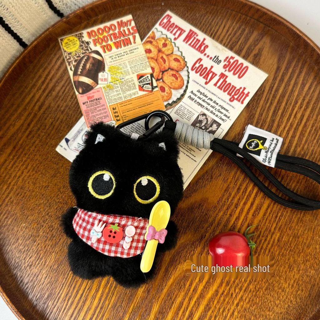 Inspired Red Plaid Bib Black Cat Plush Doll Keychain with Cute Kitten Pendant