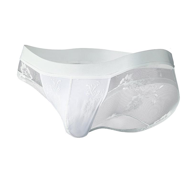 2026 Men's Breathable Mesh Lace Thong Underwear - High Elasticity, Solid Color Briefs
