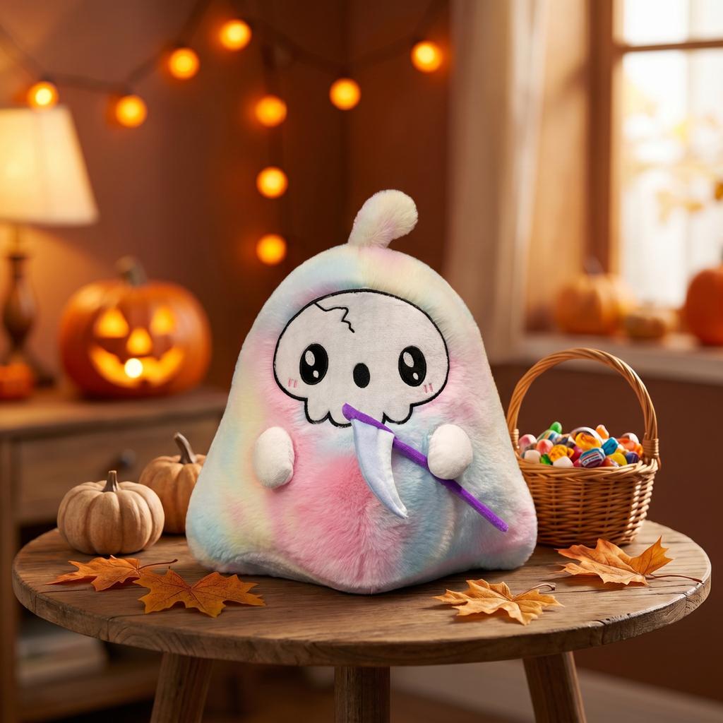Halloween Plush Skull Figurine with Scythe Decorative Soft Toy Standing 30cm Tall Halloween Themed Collectible Figurine for Seasonal Display