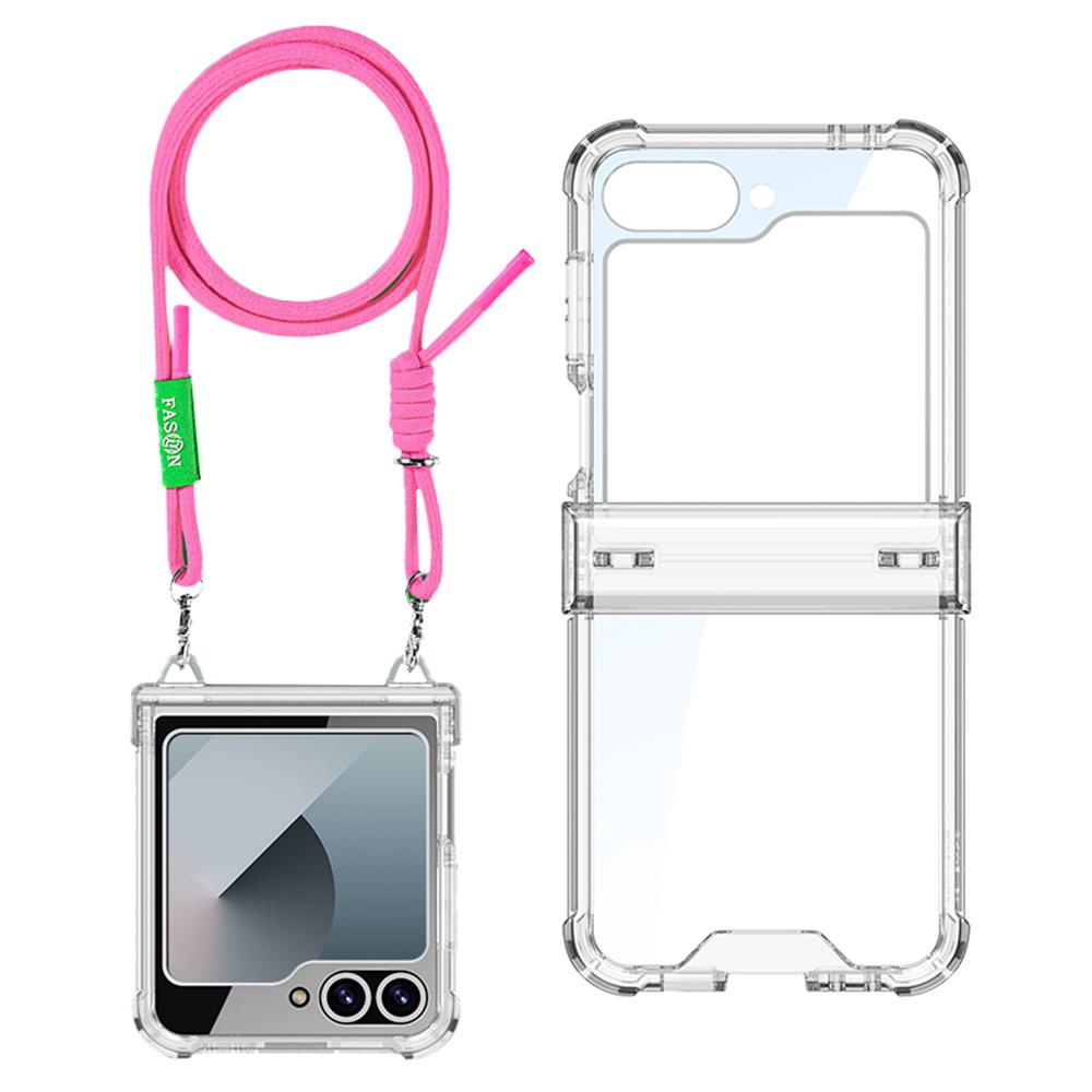 

GKK For Samsung Galaxy Z Flip7 FE 5G/Z Flip6 5G Clear Case Airbag Hinge Protector PC Phone Cover with Strap Pink