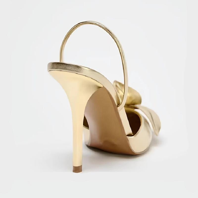 Luxury Gold Flowers Decorated Designer Heels for Women Elegant Pointed Toe Slingback Stiletto Sandals Fashion Party Dress Shoes