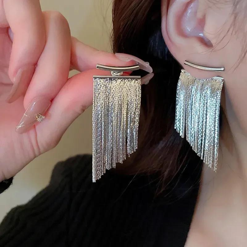 New Exaggerate Long Tassel Asymmetric Gold Color Bling Drop Dangle Earrings for Women Luxury Wedding Bride Jewelry Accessories