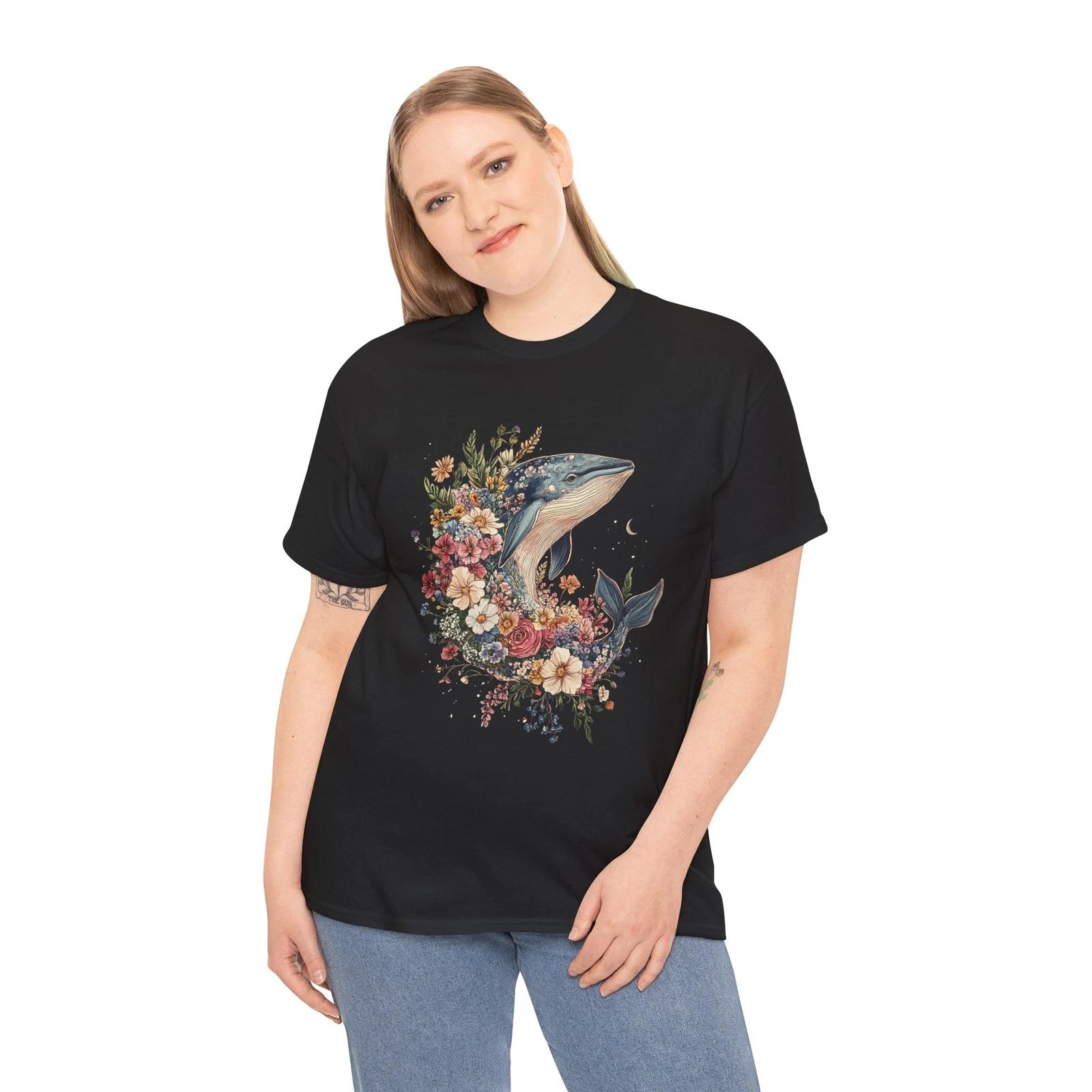

Embroidered Moon Whales Sunflower T-Shirt - Cute Floral Tee for Happy M