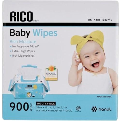 RICO Baby Wipes, 900 Count (100 Count X 9 Packs), Costco, Large, Thick, Unscented