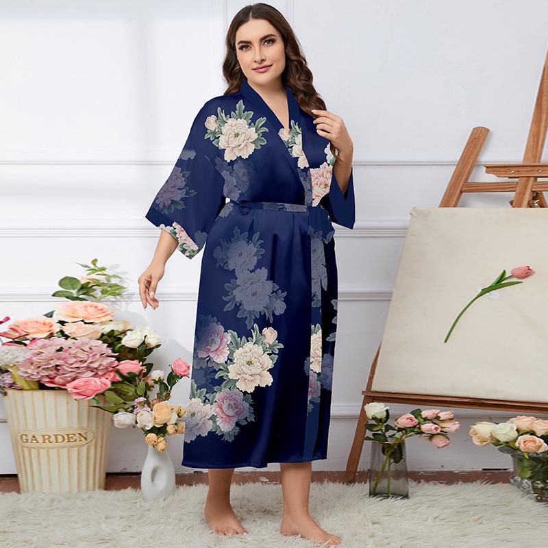 Übergröße Satin Sommer Pyjama & Bademantel Set für Damen - Leichter Luxus Eisseide