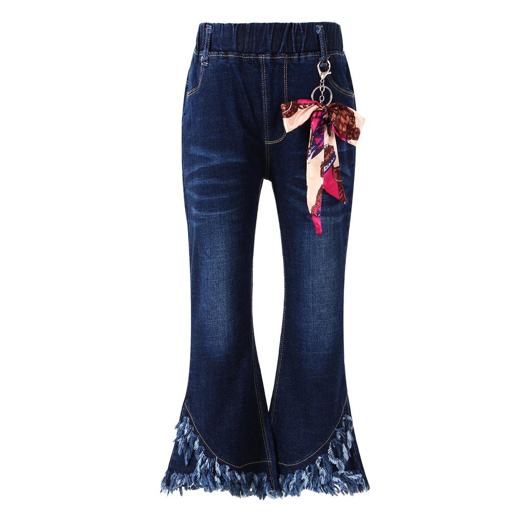 Kids Girls Denim Bell Bottom Pants Elastic Waist Bowknot Tassel Hem Stylish Long Trousers for Casual Wear