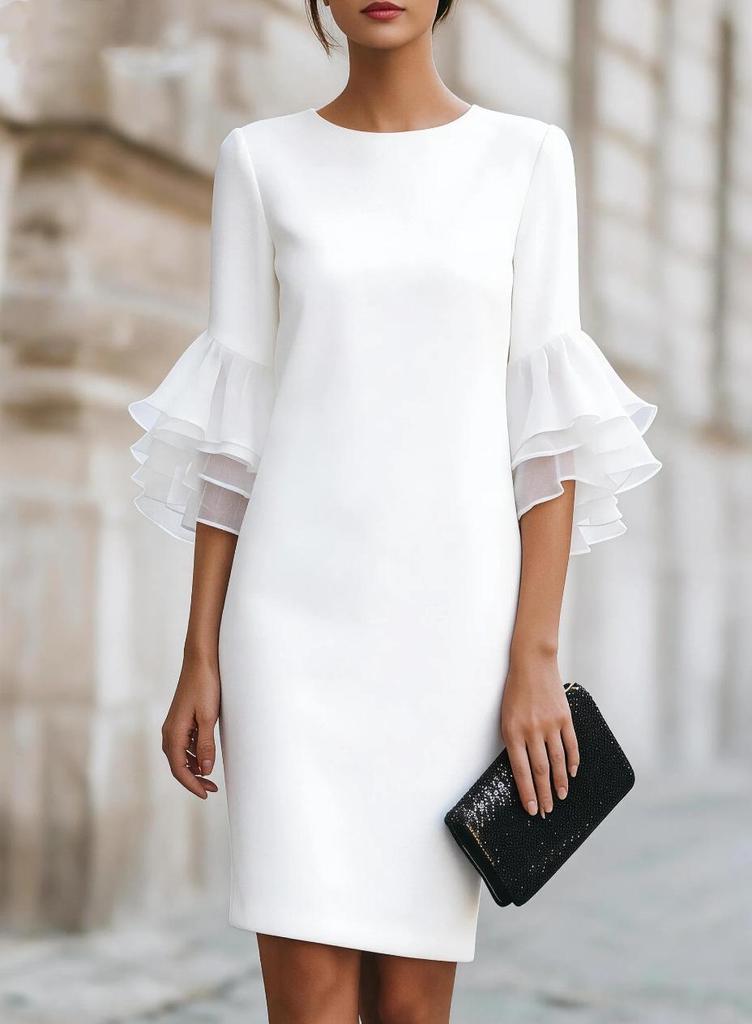 Women's Crew Neck Ruffle Bell Sleeve Mini Dress Loose Fit Elegant Party Dress