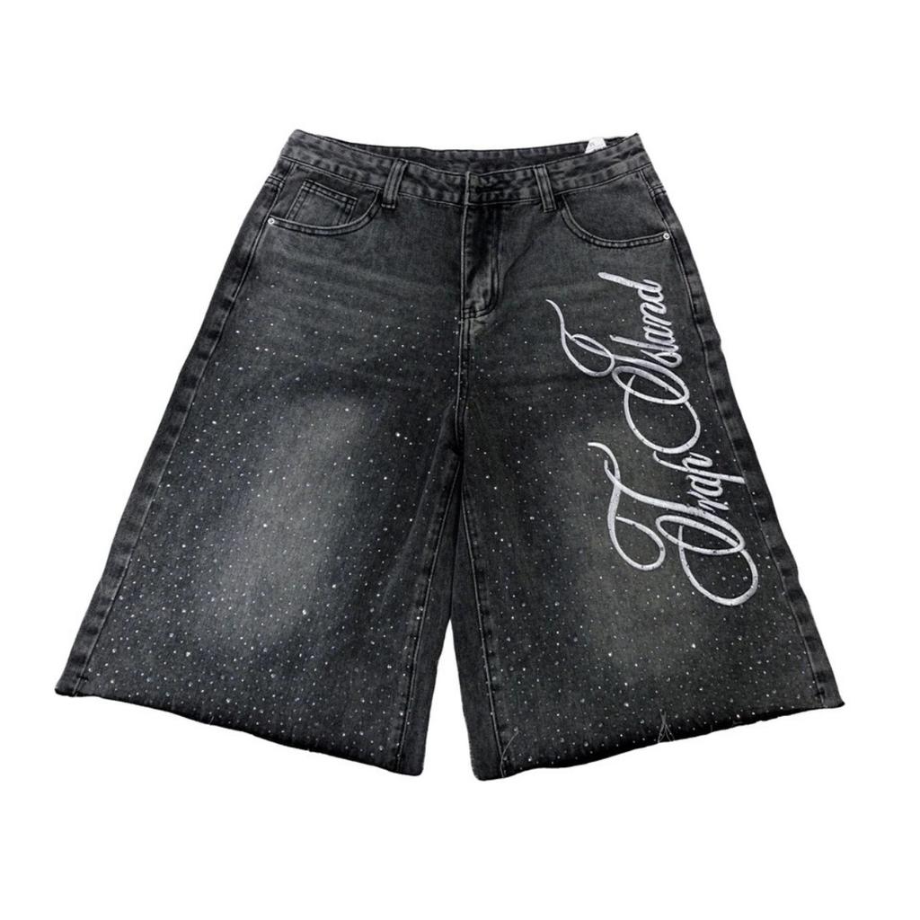 FlowStreet Fashion Men Summer Casual Denim Shorts Knee Length Trendy Letter Embroidered Shiny Rhinestone Decor Jeans Shorts with Pockets