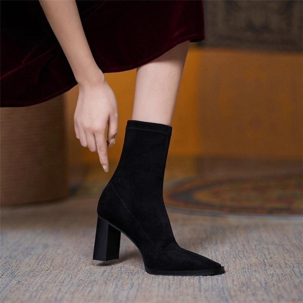 Design Ankle Chunky High Heel Sock Chelsea Boots Women Autumn Pointed Frosted Suede Short Boots Female Pumps Sexy Warm Boots
