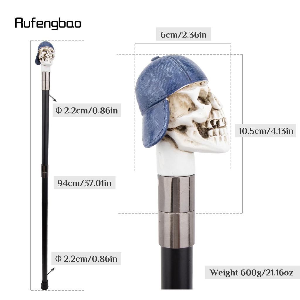 Blue Hat Resin White Skull Head Walking Cane Fashion Decorative Steel Stick Gentleman Elegant Cosplay Cane Knob Crosier 94cm
