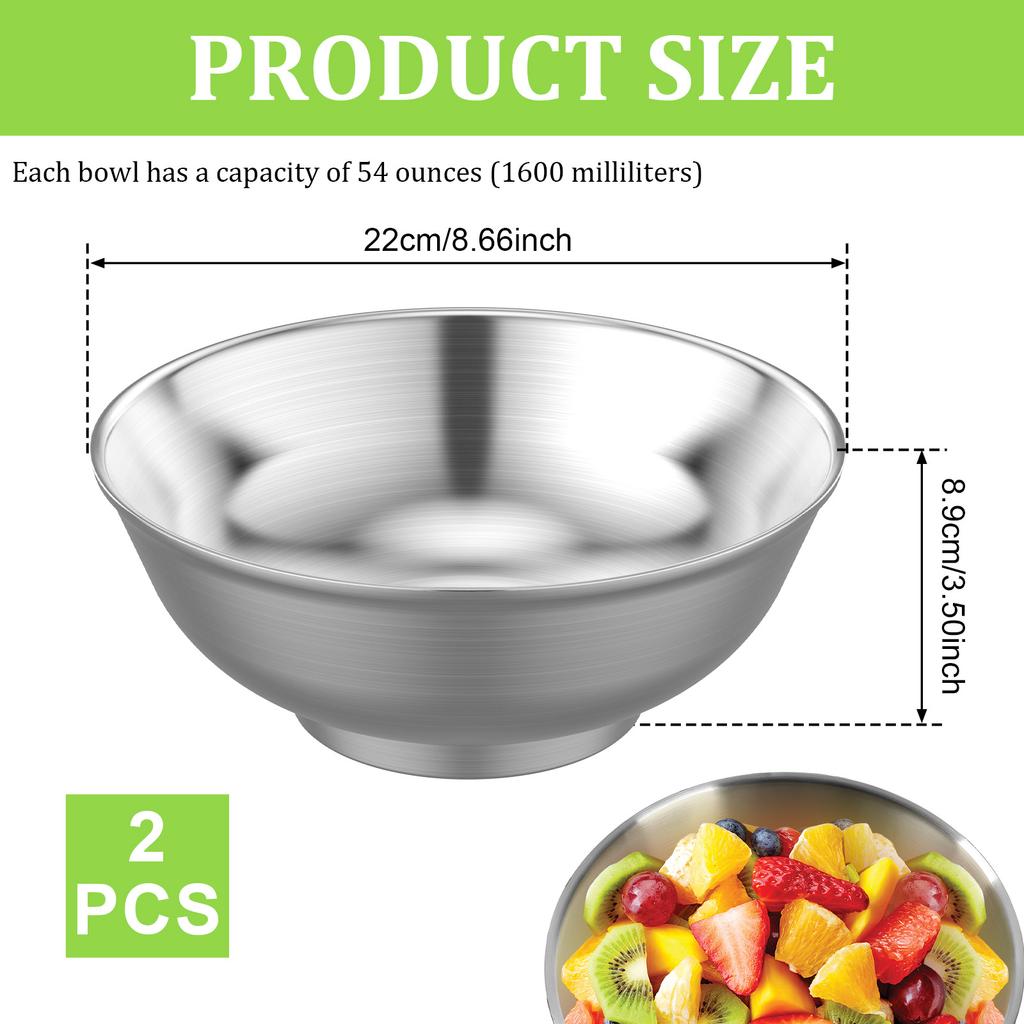 2Pcs Mixing Bowls 54oz Stainless Steel Salad Bowls Unbreakable Soup Bowls Double Walled Insulated Serving Bowls for Noodles
