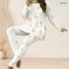 Women Plus Size Round Neck Long Sleeve Printed White Two Piece Set Longline Top Fitted Pants