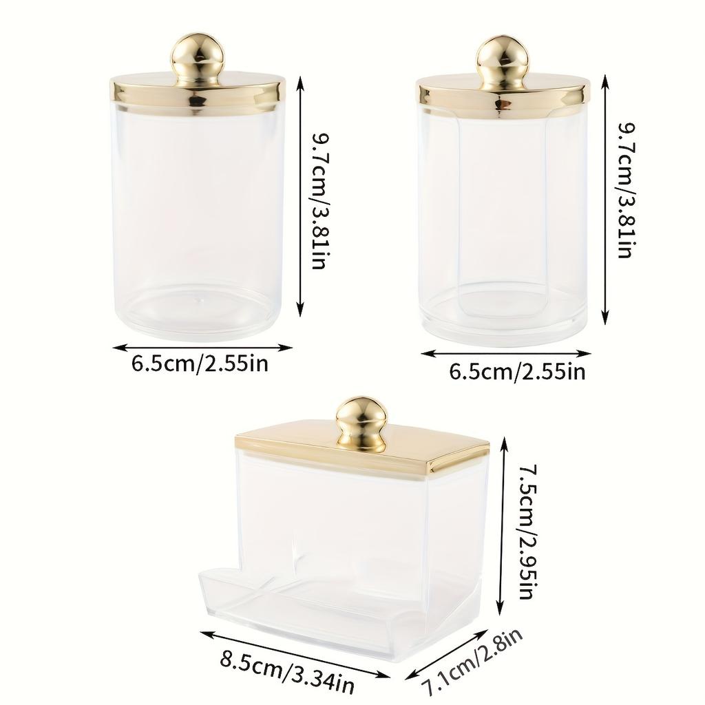 1/3 Qtips Bathroom Organizer with a Gold Lid, a 10 Oz. Ball Filler and a Clear Plastic Apothecary Jar for Cotton Swabs